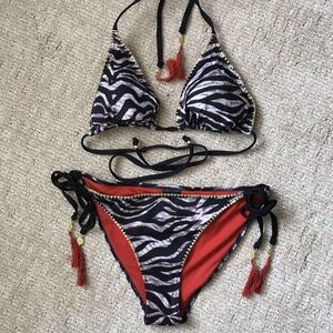 Zebra print H&M bikini with tassels size 12